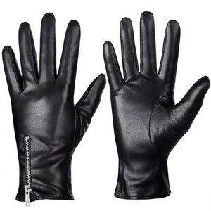 Gants unisexes en cuir de mouton noir de qualité supérieure, à doigts entiers, avec fermeture éclair, pour le cyclisme hivernal, confortables pour la conduite - Product Image 1