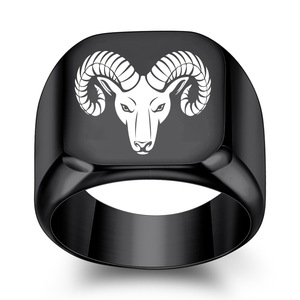 Ram Head Engraved Stainless Steel <b>Ring</b> 18MM Square Unisex Fashion Jewelry Gift - Product Image 4