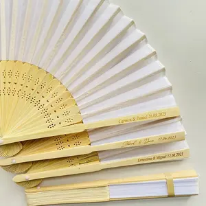 Cheap Silk Fabric Hand Fans Bamboo Handle Custom Hand Held Fan Engrave Names and Wedding Date As Wedding GIFTS