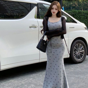 Gray Bow Print Bodycon Dress Long Skirt Women Summer Waist Cinching Slimming Fishtail Style - Product Image 5