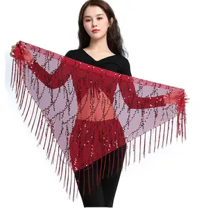 Classic Shiny Sequin Solid Color Mesh Women Triangle Scarves with tassel