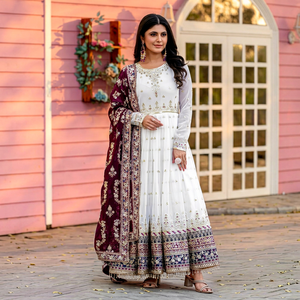 Heavy Embroidered Woven Faux Georgette Chiffon Anarkali Salwar Kameez Set with Net Dupatta Wedding Festival Wear for Women - Product Image 1