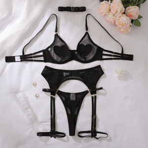 深爱性感黑色钻石心内衣四件套性感透明文胸裤套装带领 - Product Image 3