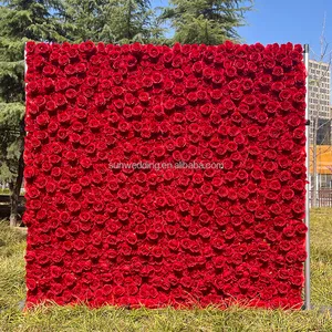 Sunwedding रेशम 3D कृत्रिम फूल दीवार शादी की सजावट के लिए कपड़ा वापस रोल अप लाल गुलाब का फूल दीवार