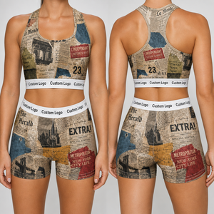 Set <span class=keywords><strong>di</strong></span> Reggiseno Sportivo ad Alto Impatto e Pantaloncini con Stampa Giornale, Certificato CE, per Donna, Abbigliamento Sportivo e Lingerie da Palestra - Product Image 1