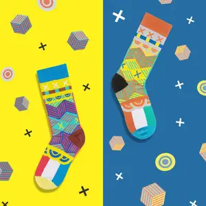 Asymmetric planet line grid yellow blue cute men's socks custom pattern funny fancy women's mid length socks
