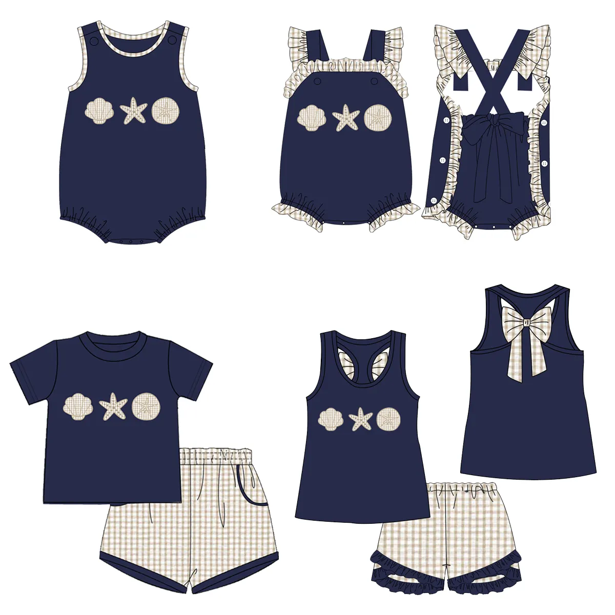 Puresun Conjunto de roupas para família infantil combinando com irmãos Seersucker personalizado cor azul atacado