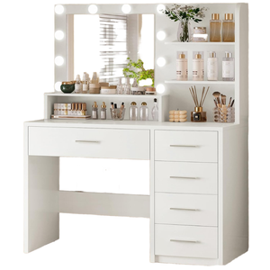 FIONESO Ahşap Makyaj Masası Aynası Işıkları Makyaj 5 Çekmeceli 3 Depolama Rafı 3 Renk Modu Ayarlanabilir Parlaklık Tuvalet Masası - Product Image 1