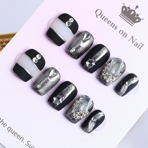 Uñas postizas de lujo acrílicas con estrellas y pedrería, negras, cortas, estilo ataúd, cobertura completa, hechas a mano, precio de fábrica al por mayor. - Product Image 1