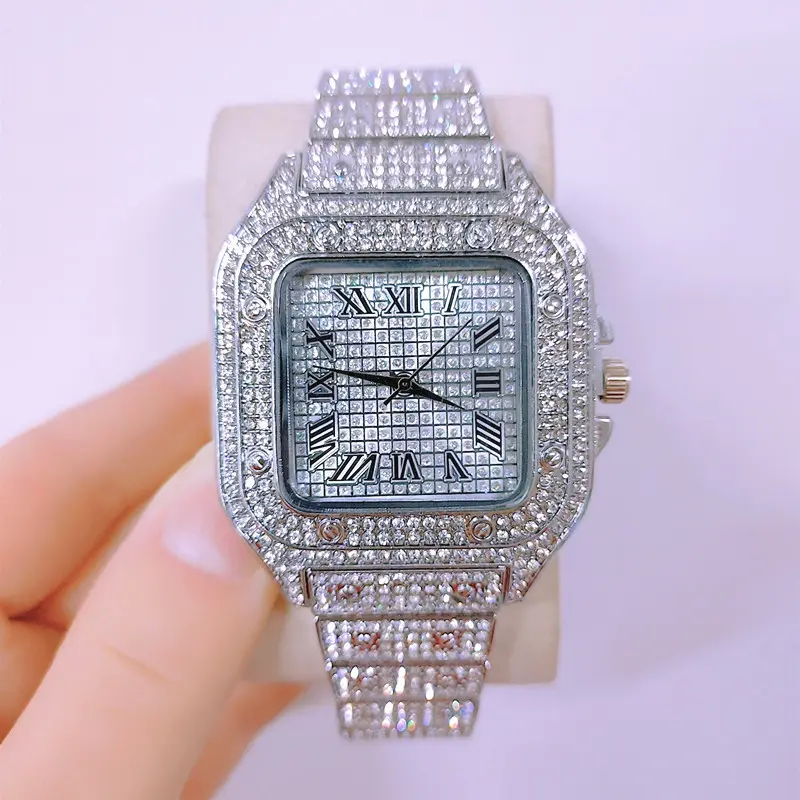 Reloj de cuarzo con diamantes de imitación para hombre y mujer, pulsera fina de acero inoxidable con cristales brillantes, estilo Hip hop, venta al por mayor
