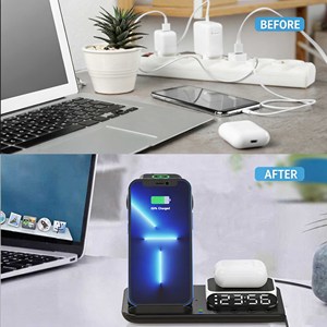 แท่นชาร์จเร็วแบบพับได้ 15W 4 in 1 สำหรับหลายอุปกรณ์ พร้อมนาฬิกาปลุกดิจิตอลและไฟกลางคืนสำหรับสมาร์ทโฟนและสมาร์ทวอทช์ - Product Image 6