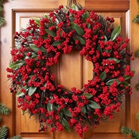 Karangan Bunga Dekoratif Premium dengan Buah Holly untuk Dekorasi Natal Pintu Depan Dalam & Luar Ruangan, Tahan Lama