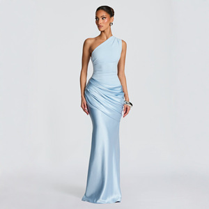 European American <strong>Style</strong> Women's Casual Long-Sleeve Slim-Fit Strap <strong>Mermaid</strong> Silhouette Satin Quick Dry Solid Color <strong>Dress</strong> - Product Image 2