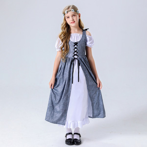 Girls Medieval Style Dress Costume Stage Performance Outfit Gray <b>White</b> <b>Lace</b> Up Skirt Set - Product Image 3