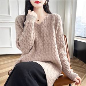 Nouveau pull pull à col en V pour femmes, pull ample décontracté, chemise à manches longues de couleur unie - Product Image 3