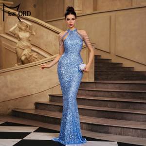 <span class=keywords><strong>Robe</strong></span> de <span class=keywords><strong>Demoiselle</strong></span> <span class=keywords><strong>d</strong></span>'<span class=keywords><strong>Honneur</strong></span> <span class=keywords><strong>Longue</strong></span> et Élégante Col Licou Sirène <span class=keywords><strong>Bleu</strong></span> Clair Pailletée - Product Image 4