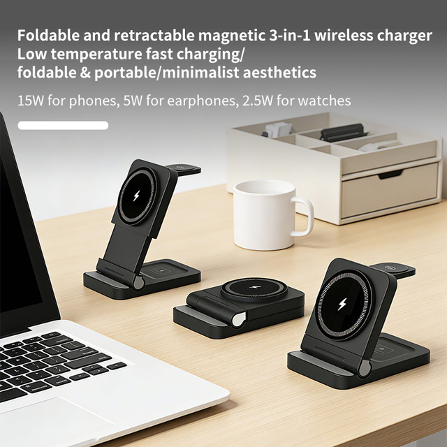 3 in 1 Fast Charging Phone Stand with Wireless Charger for Watch Earbuds Phone Foldable and Telescopic Design