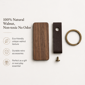 Premium Quality Rectangle Wooden Keychain Black Walnut and Beech Leather Encased <strong>Metal</strong> <strong>Keyring</strong> with Custom Logo - Product Image 4