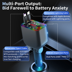 Adaptateur <span class=keywords><strong>Bluetooth</strong></span> 5.3 pour voiture, émetteur <span class=keywords><strong>FM</strong></span> avec charge rapide 100W, câbles rétractables, lumière étoilée 7 couleurs, chargeur de téléphone pour voiture - Product Image 3