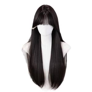 Peluca natural de cabello largo y liso con flequillo lateral, fibra Kanekalon, encaje transparente para mujer - Product Image 2