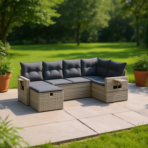 Ensemble de canapés de jardin en rotin gris avec coussins en mousse haute densité, mobilier d'extérieur au design contemporain, résistant à l'eau et aux UV - Product Image 2