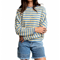 Großhandel Maßgeschneiderte Polyester-Mischung Gestreifter 7GG Strick-Cardigan mit Knopfleiste Rundhals Langarm-Pullover Lässige Preppy-Strickware