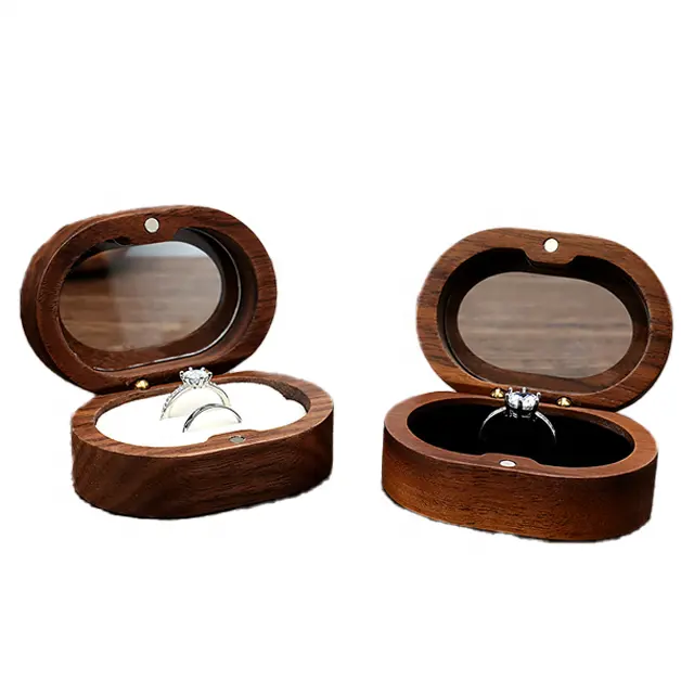Exquisito anillo de compromiso y propuesta de nogal negro de gama alta, pendientes, caja de embalaje de joyería de almacenamiento ovalado de madera