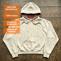 Sweat à capuche personnalisé épais avec broderie appliquée de lettres, style vintage américain, doublure à carreaux, coupe oversize, streetwear pour homme