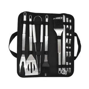 Set Alat Panggang BBQ Stainless Steel, 20 Buah Alat Berkemah Portabel dengan Tas Nilon