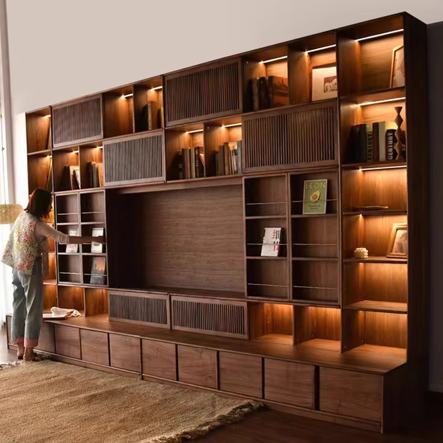 New Chinese Style Solid Wood Multi-Functional TV Wall Cabinet Walnut Entertainment Center Fluted Grille LED Hospital Living Room