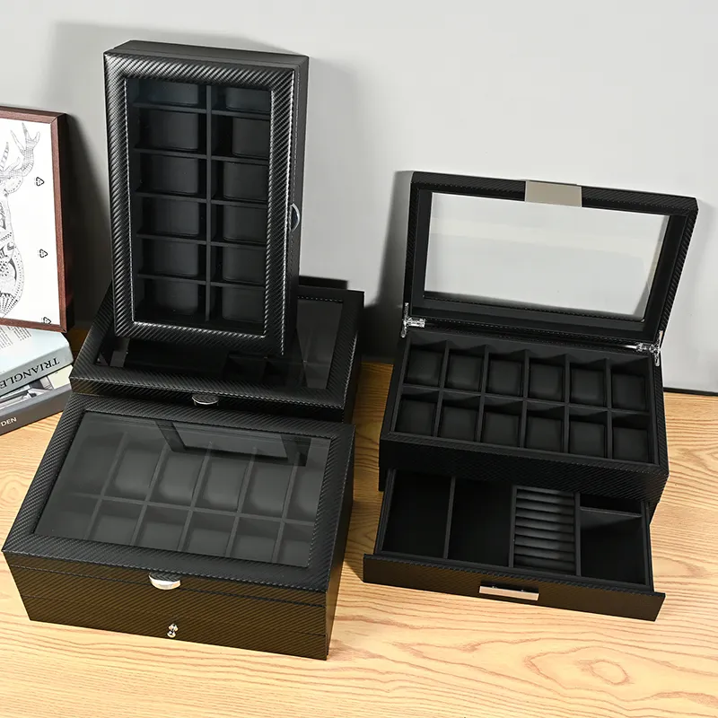 New arrival multilayer large capacity watches jewellery storage display luxury carbon fiber watch jewelry box