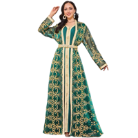 Abaya Kaftan brodé ouvert avec robe nuisette sans manches et ceinture, ensemble deux pièces, vêtements islamiques grande taille, vente en gros