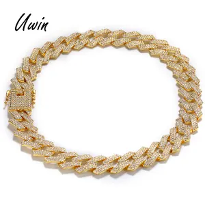 Iced Out Prong Thiết Lập Thạch 20Mm Miami Cuba Liên Kết Chuỗi 3 Dòng Cuba Vòng Cổ Bling Bling Hip Hop Rapper Đồ Trang Sức