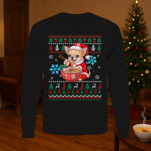 Santa Chihuahua mangeant du ramen, pull de Noël, t-shirt à manches longues sur le thème de la nourriture japonaise - Product Image 3