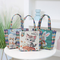 Sac fourre-tout en toile brodé jacquard style ethnique vintage avec chat sur champignon et fil doré, petit sac à main décontracté tissé