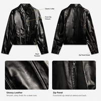 Veste zippée en cuir d'agneau léger pour homme, coupe décontractée, noir brillant, OEM ODM