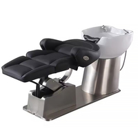 Chaise de shampooing moderne en fibre de salon de coiffure avec base en acier inoxydable, ascenseur électrique, bol et chaise de shampoing rotatifs, meubles de salon de coiffure