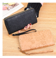Dompet Kulit PU Model Panjang Minibook 2026, Bunga Timbul Custom, Rantai, Poliester, Multifungsi Wanita, Bisnis Pria Sederhana
