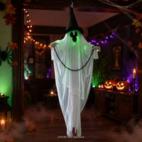 Nouvelle décoration suspendue d'Halloween, fantôme blanc en plastique, lumineuse, activée par le son et la détection de mouvement, idéale pour effrayer.