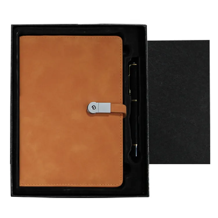 Caja de regalo para diario, cubierta de cuero PU A5 con Logo de costura, pluma, cuaderno de negocios