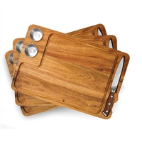 Planche à steak personnalisée en bois d'acacia avec fente pour couteau, rainure pour jus, porte-gobelet à sauce, bols à sauce ronds, ensemble de plateaux de service