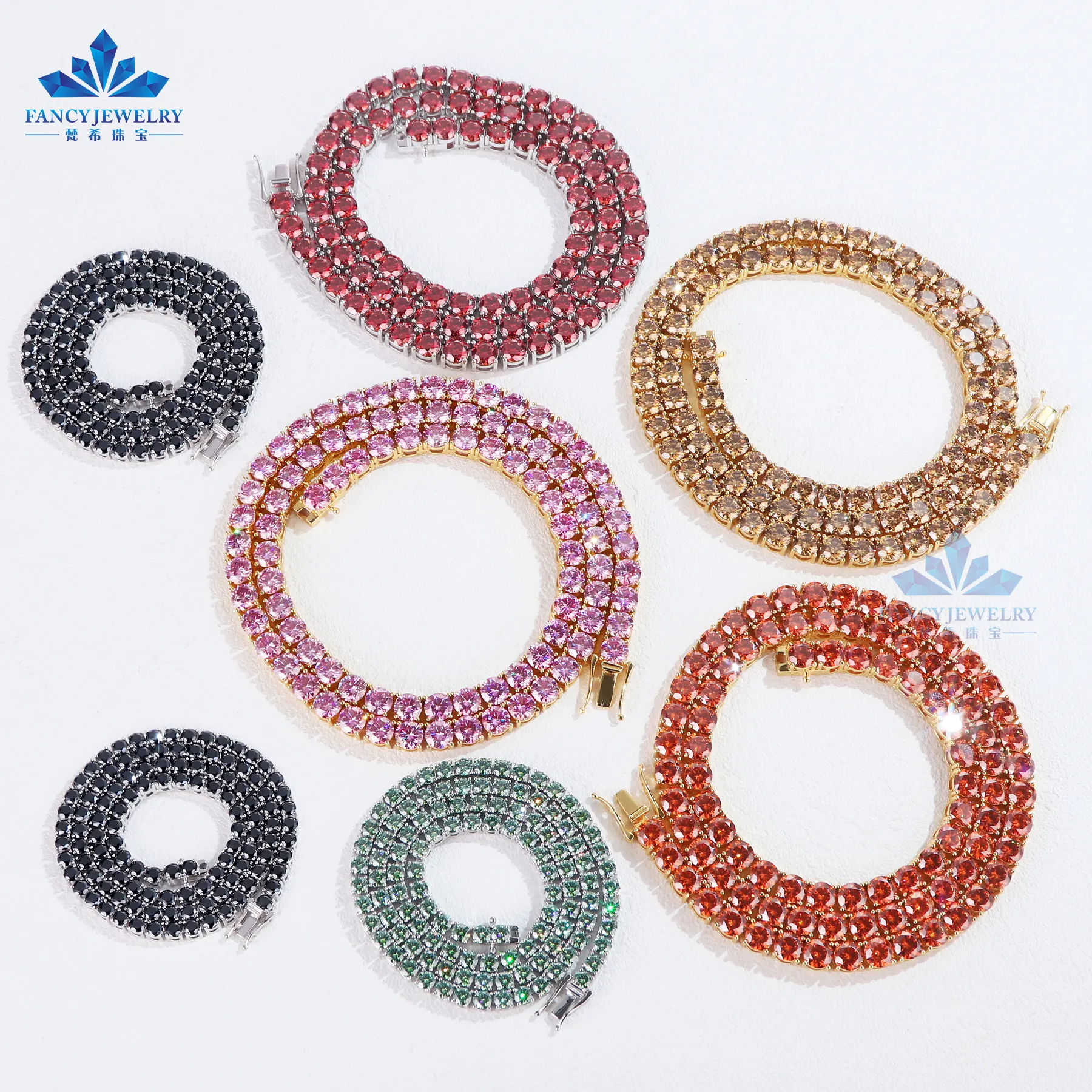 Fashion Jewelry 6.5mm Moissanite Diamond Red Garnet Yellow Pink Green Blue Black Color Diamond Tennis Necklace Chain
