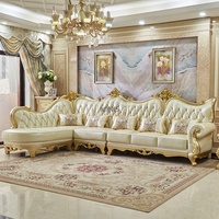 Ensemble de canapé d'angle et chaise longue en cuir de vachette doré, en bois artisanal, confortable, style royal européen, pour salon