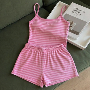 High Quality Custom Women Striped <b>Spaghetti</b> <b>Strap</b> <b>Tank</b> <b>Top</b> And Shorts Two Piece Casual Loungewear Home Wear Set For Ladies - Product Image 1
