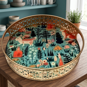 Plateau de service en métal doré avec motif floral forestier et poignées pour usage résidentiel - Product Image 4