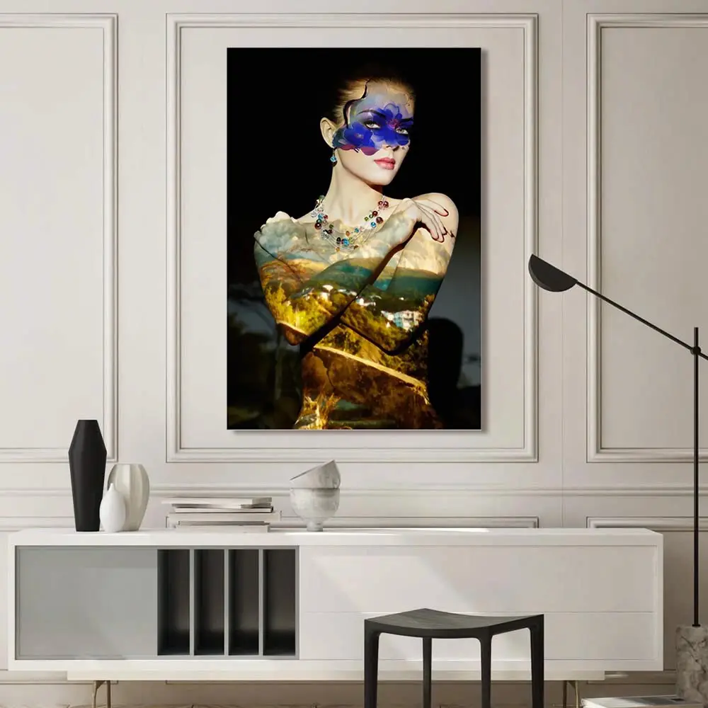 Fábrica al por mayor señora elegante con máscara marco de madera decoración de hotel pinturas en lienzo impresiones artísticas de pared
