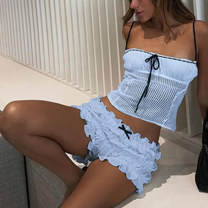 Nouvel ensemble d'été plissé pour femme avec short à volants, dos nu et laçage, tendance - Product Image 5