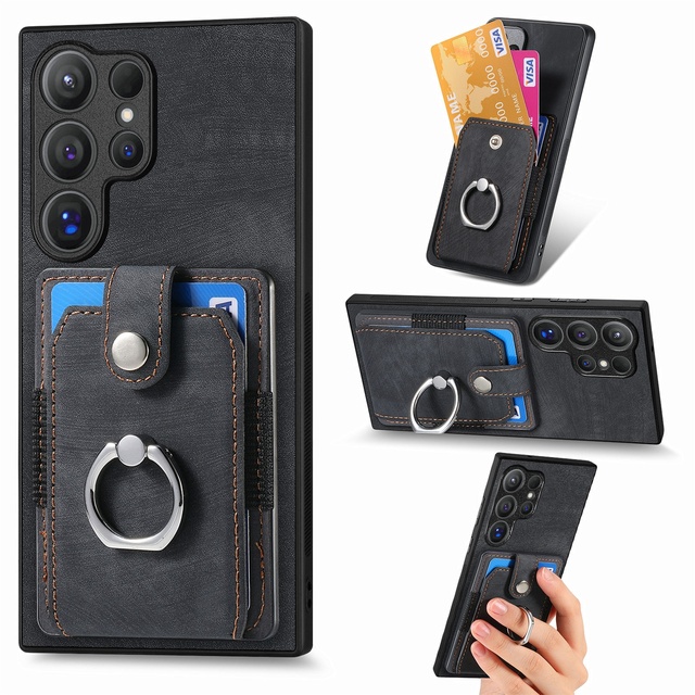 Full-Body Phone Case with Ring Holder & Card Wallet for Samsung S26 Ultra S25 FE A56 M56 Protective Cover Embossed PU Leather