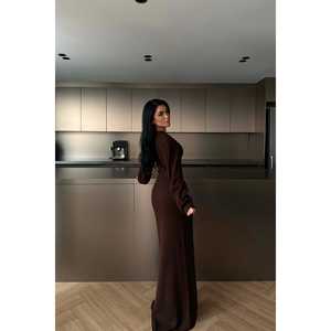 Robe élégante en crochet Ophelie, couleur café foncé, taille empire, longueur genou, volants, taille unique XL, pour soirées en club, occasions formelles - Product Image 1