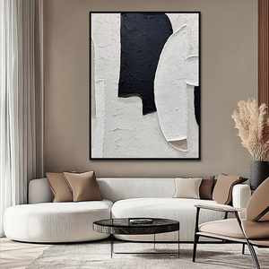 Grande oeuvre d'art beige noir à texture lourde Wabi Sabi Peinture sur toile à la main abstraite 3D Décoration murale - Product Image 3